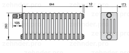 Схема (чертеж) Радиатор Zehnder Charleston 5026/14 №V012 Белый глянцевый RAL 9016